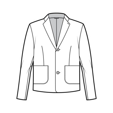 Blazer ceket uzun kollu, yakalı yakalı, yama cepli, iri vücutlu teknik moda illüstrasyonu.