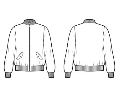 Fermuarlı Bombacı ma-1 uçuş ceketi. Kaburga tasması, kelepçe, bel, büyük beden, uzun kollu teknik moda çizimi.