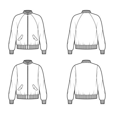 Kaburga beyzbol tasması, kelepçe, uzun paçavra kollu, flap cepli Bombacı ceketleri.