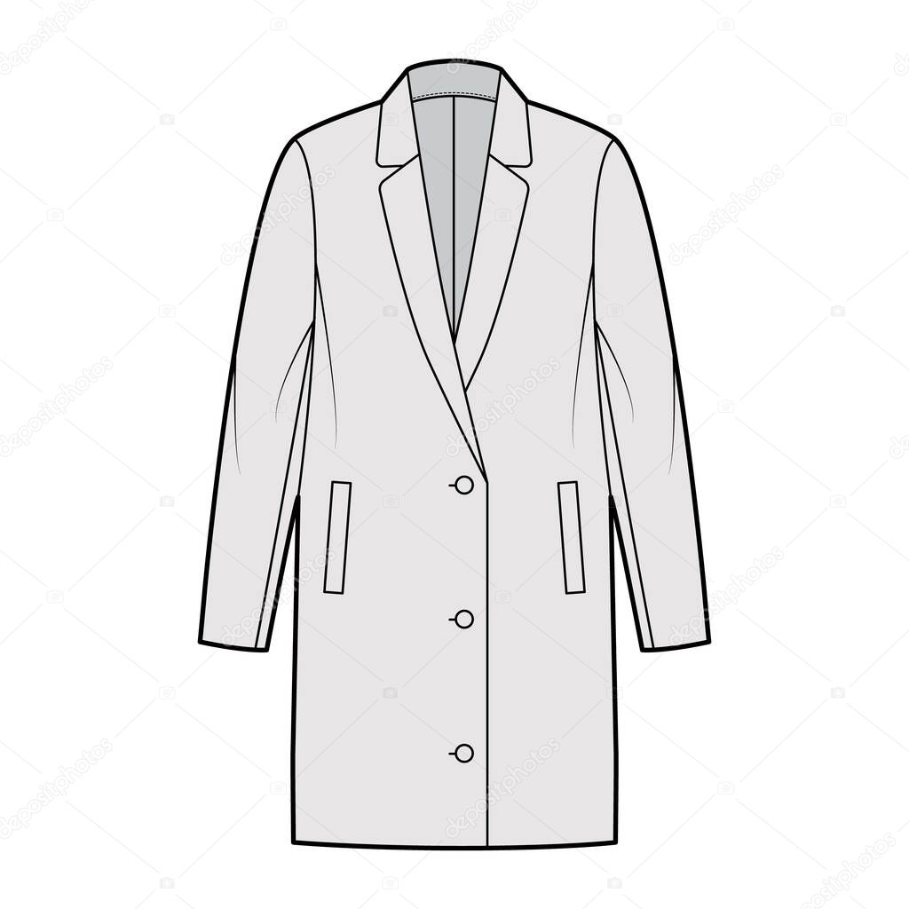 Oversized jacket technical fashion illustration with notched lapel collar, long sleeves, welt pockets, button opening