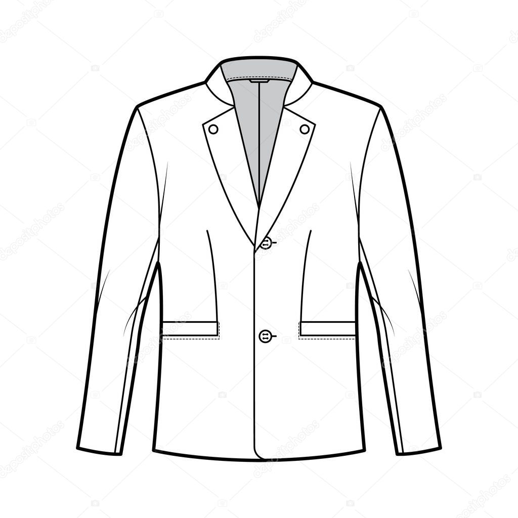 Tyrolean jacket tuxedo technical fashion illustration with long sleeves, stand lapel collar, welt pockets. Flat Austrian