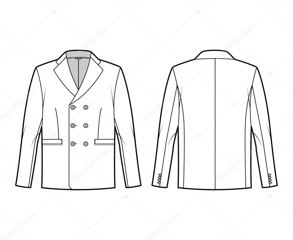 Double breasted jacket suit technical fashion illustration with long sleeves, notched lapel collar, flap welt pockets.