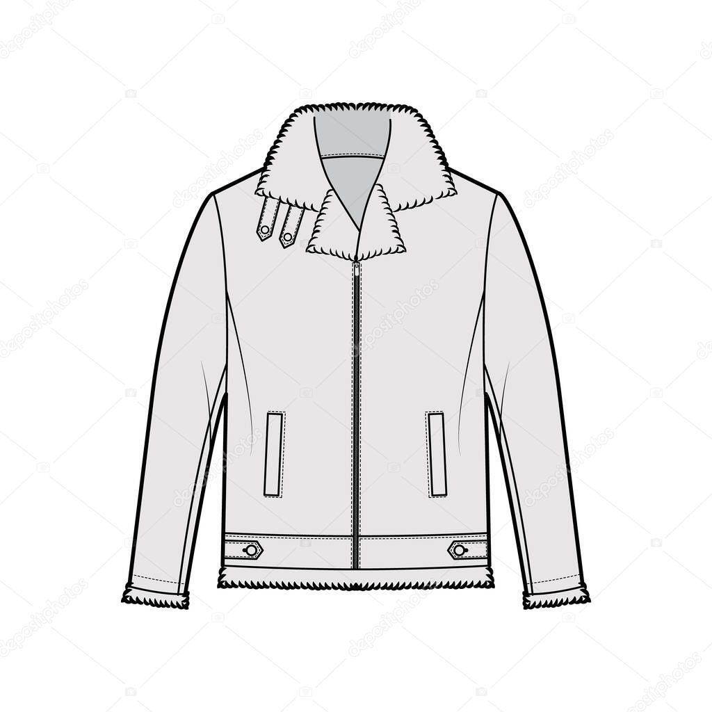 Zip-up Bomber leather jacket technical fashion illustration with fur shearing, oversized, long sleeves, welt pockets