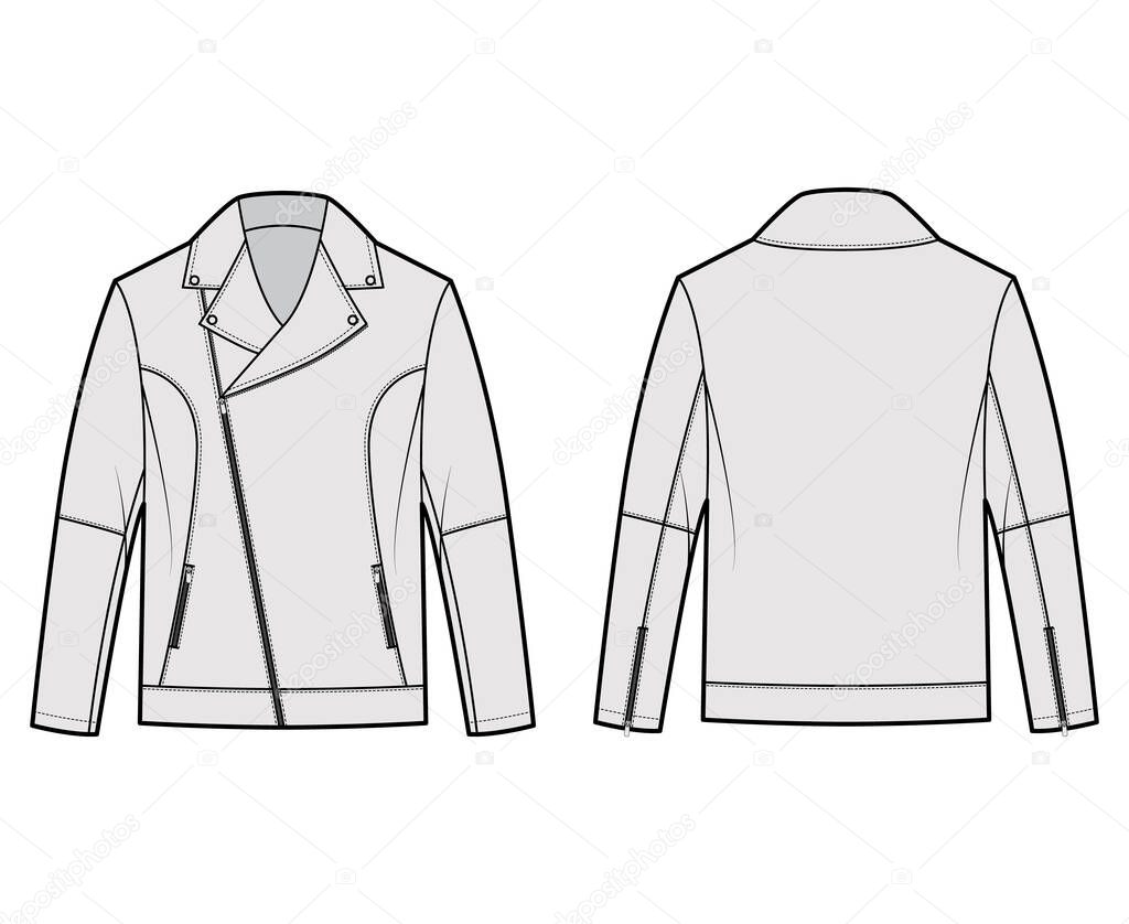 Zip-up biker jacket technical fashion illustration with zip front fold-over lapels collar, welt pockets, moto details