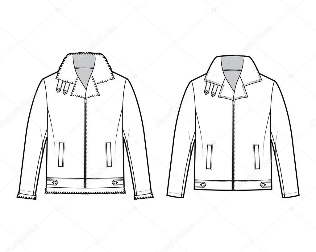 Set of Zip-up Bombers leather jacket technical fashion illustration with tabs, thick collar, long sleeves, welt pockets