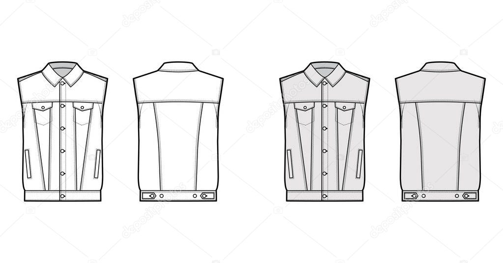 Standard denim vest technical fashion illustration with flap welt pockets, button closure, classic collar, sleeveless