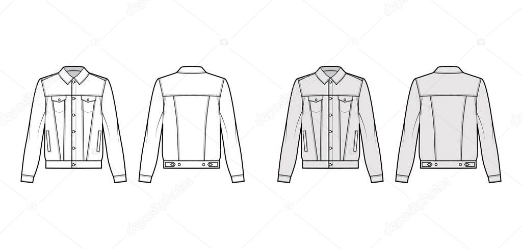 Standard denim jacket technical fashion illustration with oversized body, flap welt pockets, classic collar, long sleeve