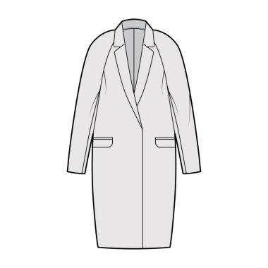 Koza ceketli, yakalı, geniş yakalı, uzun paçavra kollu, deri cepli teknik tasvirler.