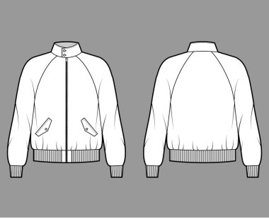 Fermuarlı Harrington Bombacısı ceketi. Kaburga, bel, uzun paçavra kollu, kanat cepli teknik moda çizimi.