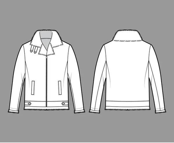 Cremallera Bomber chaqueta de cuero ilustración técnica de moda con corte de piel, de gran tamaño, mangas largas, bolsillos de ribete — Vector de stock