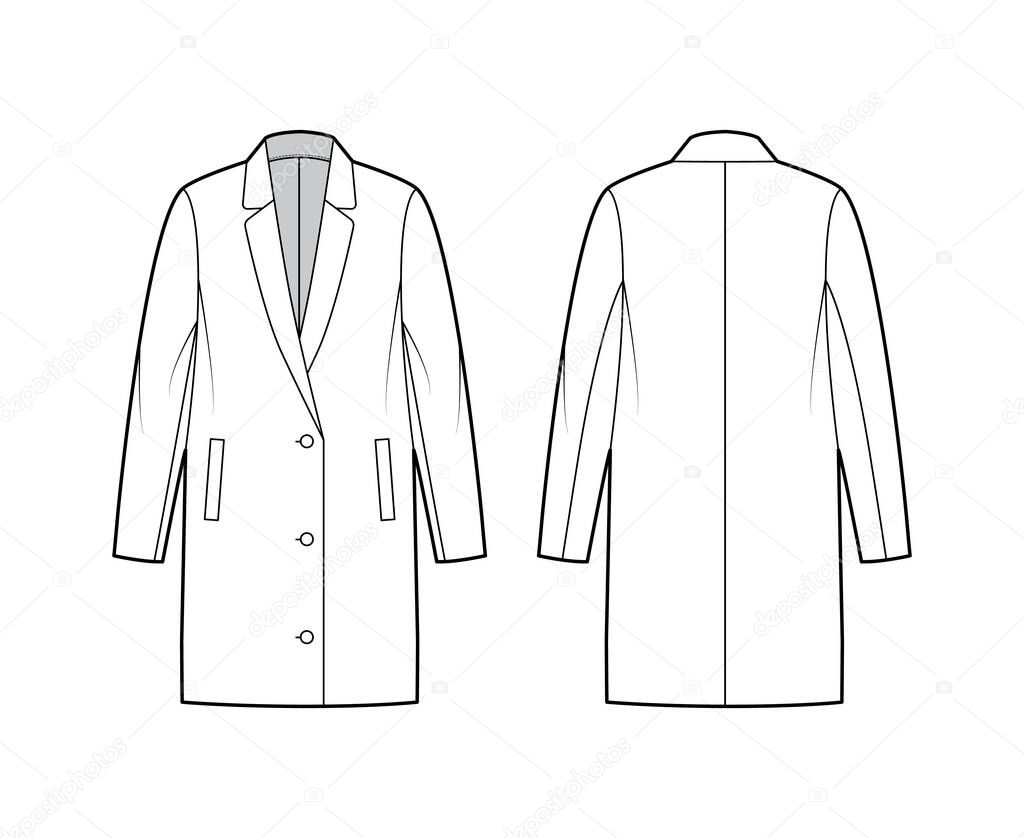 Oversized jacket technical fashion illustration with notched lapel collar, long sleeves, welt pockets, button opening