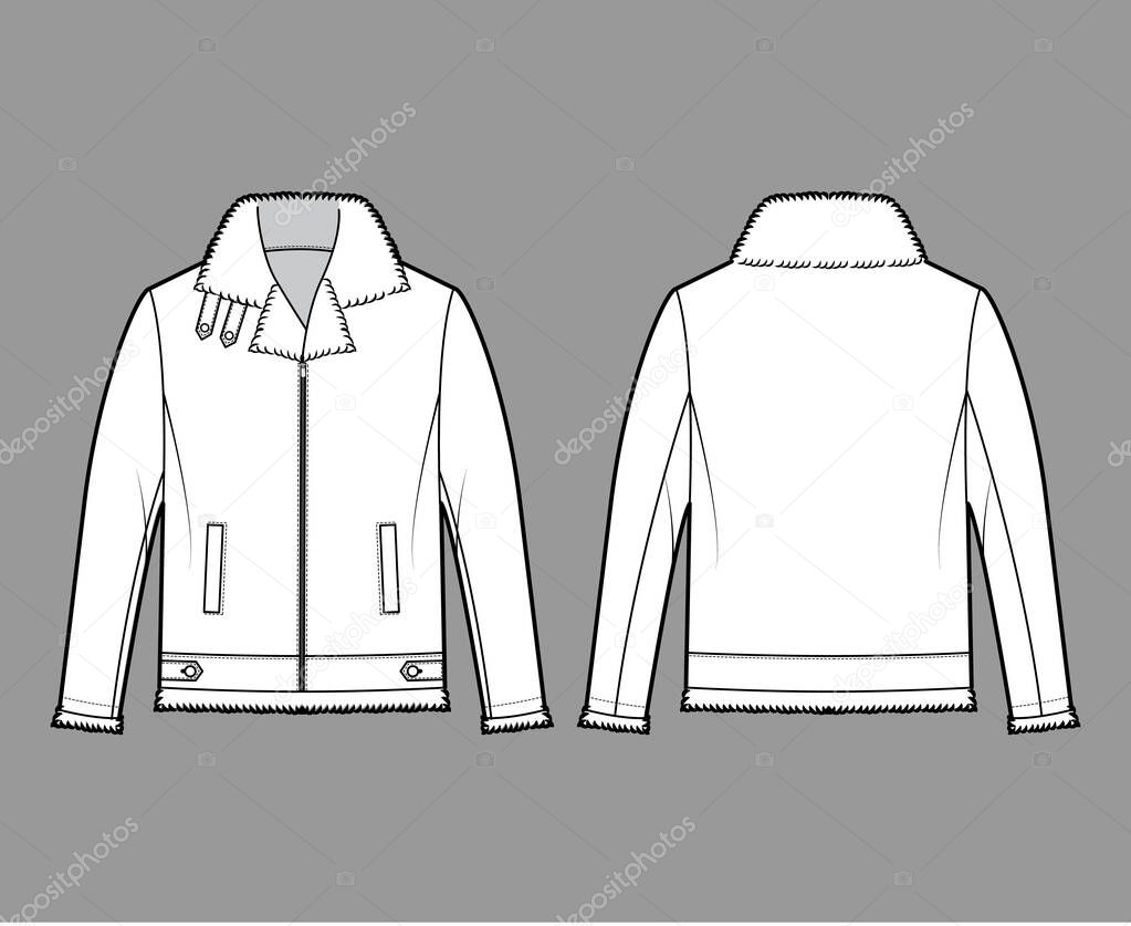 Zip-up Bomber leather jacket technical fashion illustration with fur shearing, oversized, long sleeves, welt pockets