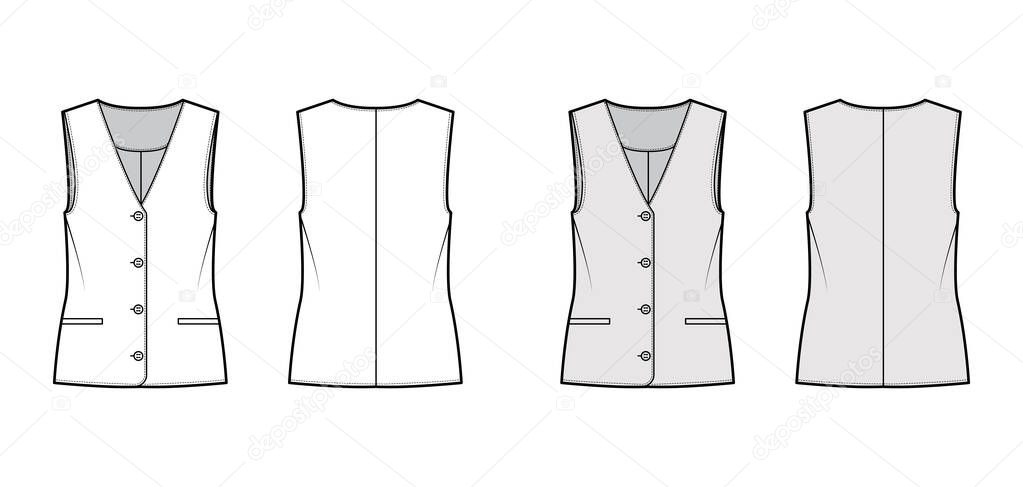 Button front vest waistcoat technical fashion illustration with sleeveless, welt besom pockets, fitted body Flat apparel