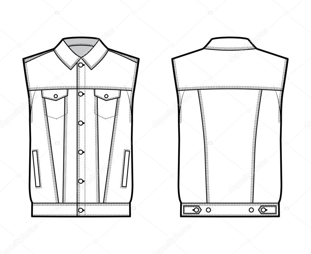 Standard denim vest technical fashion illustration with flap welt pockets, button closure, classic collar, sleeveless