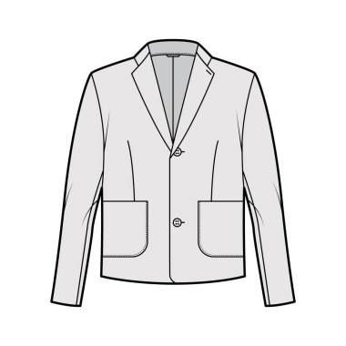 Blazer ceket uzun kollu, yakalı yakalı, yama cepli, iri vücutlu teknik moda illüstrasyonu.