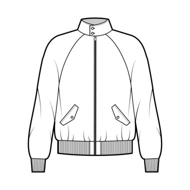 Fermuarlı Harrington Bombacısı ceketi. Kaburga, bel, uzun paçavra kollu, kanat cepli teknik moda çizimi.
