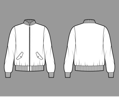 Fermuarlı Bombacı ma-1 uçuş ceketi. Kaburga tasması, kelepçe, bel, büyük beden, uzun kollu teknik moda çizimi.