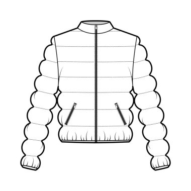 Uzun kollu, yakalı, fermuarlı, cepli, ceketli, kabarık ceketli, teknik moda çizimi.
