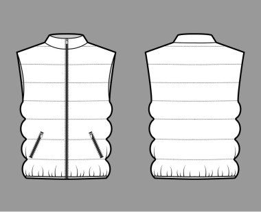 Down vest puffer waistcoat technical fashion illustration with sleeveless, collar, zip-up closure, pockets, oversized clipart