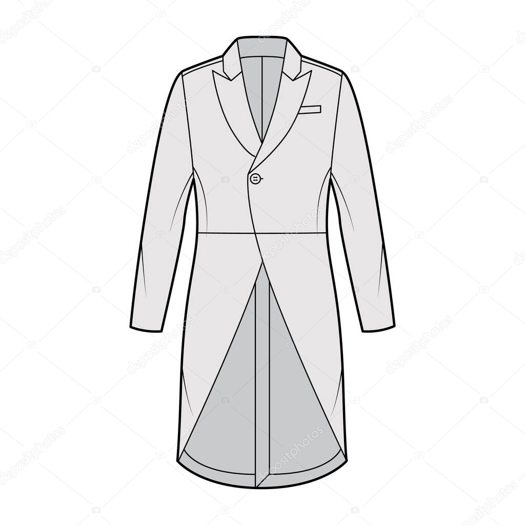 Morning coat jacket technical fashion illustration with long sleeves, peaked lapel collar, cutaway front, welt pocket.