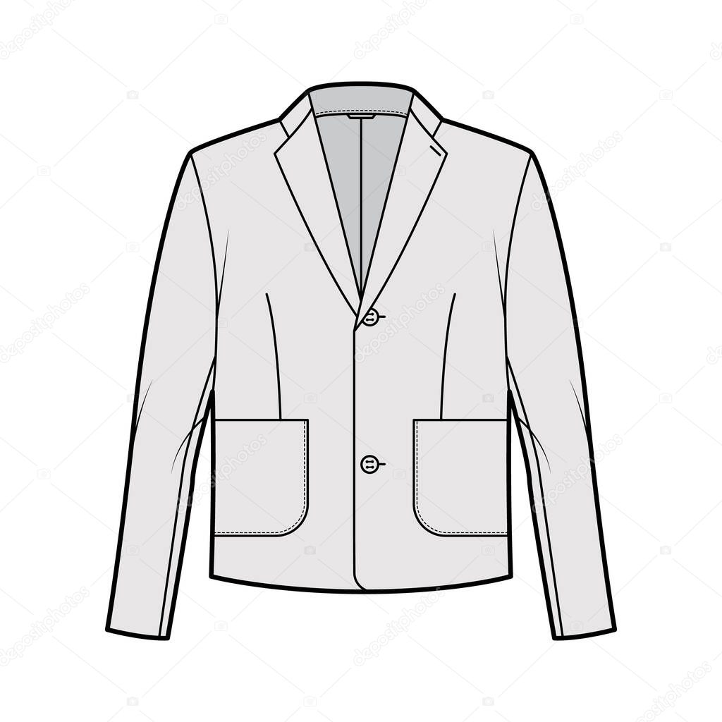 Download Blazer Jacket Suit Technical Fashion Illustration With Long Sleeves Notched Lapel Collar Patch Pockets Oversized Body Flat Coat Template Front Grey Color Style Women Men Unisex Top Cad Mockup Premium Vector