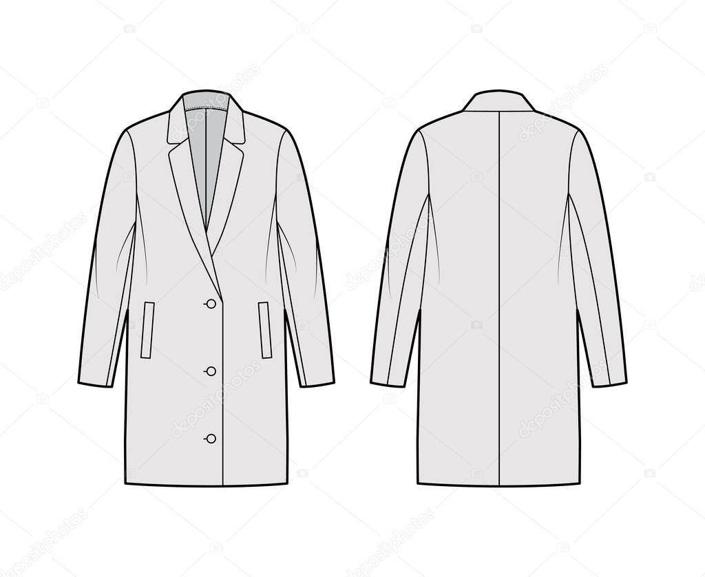 Oversized jacket technical fashion illustration with notched lapel collar, long sleeves, welt pockets, button opening