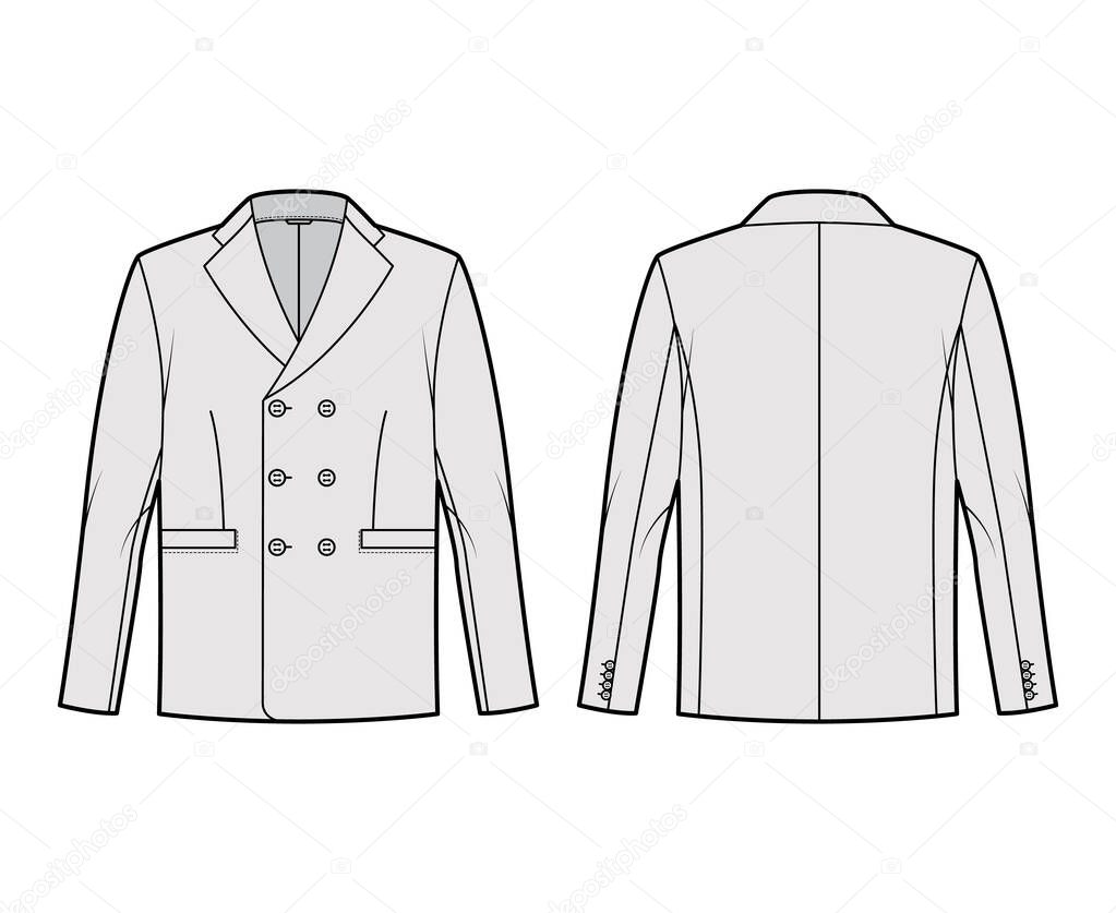 Double breasted jacket suit technical fashion illustration with long sleeves, notched lapel collar, flap welt pockets.