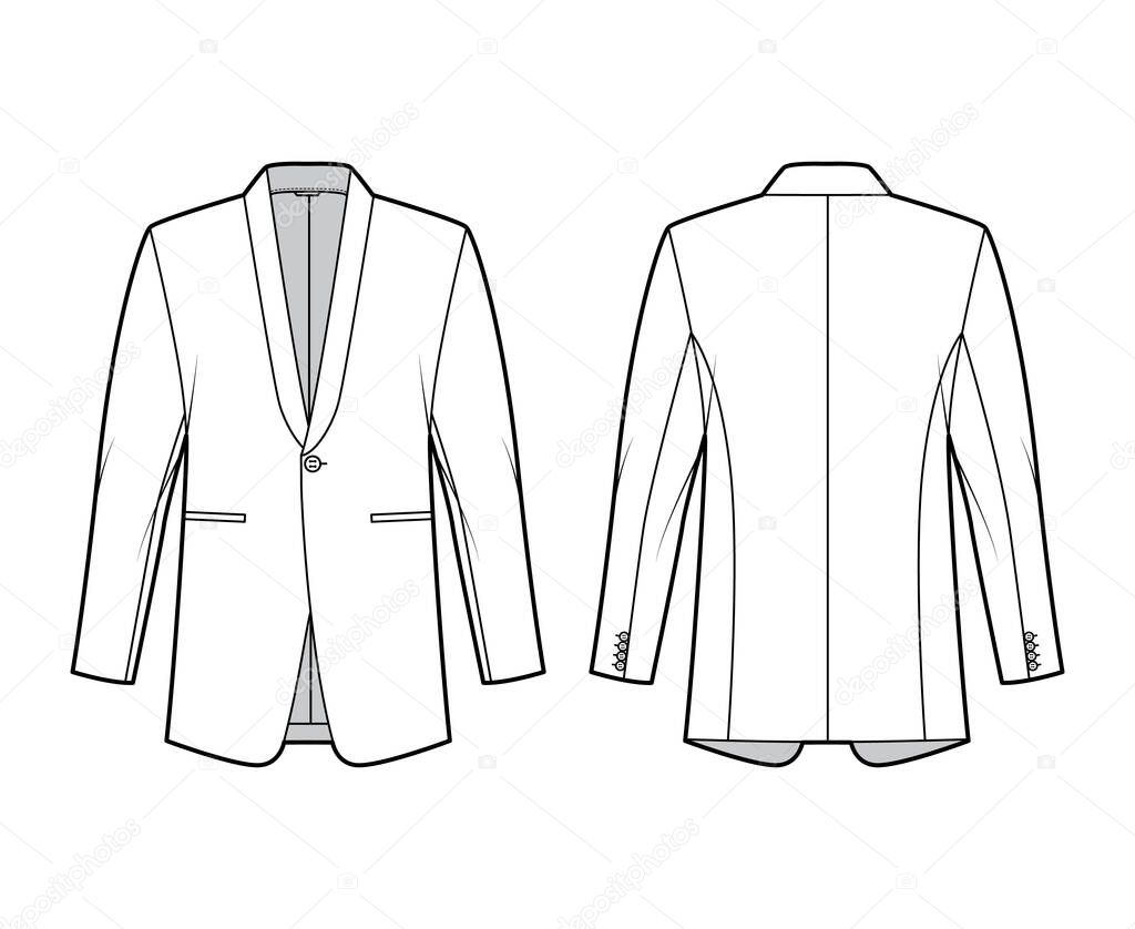 Dinner jacket tuxedo suit technical fashion illustration with long sleeves, shawl lapel collar, welt pocket, regular cut