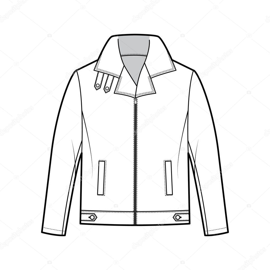 Zip-up Bomber leather jacket technical fashion illustration with tabs, oversized, thick collar, long sleeve, welt pocket