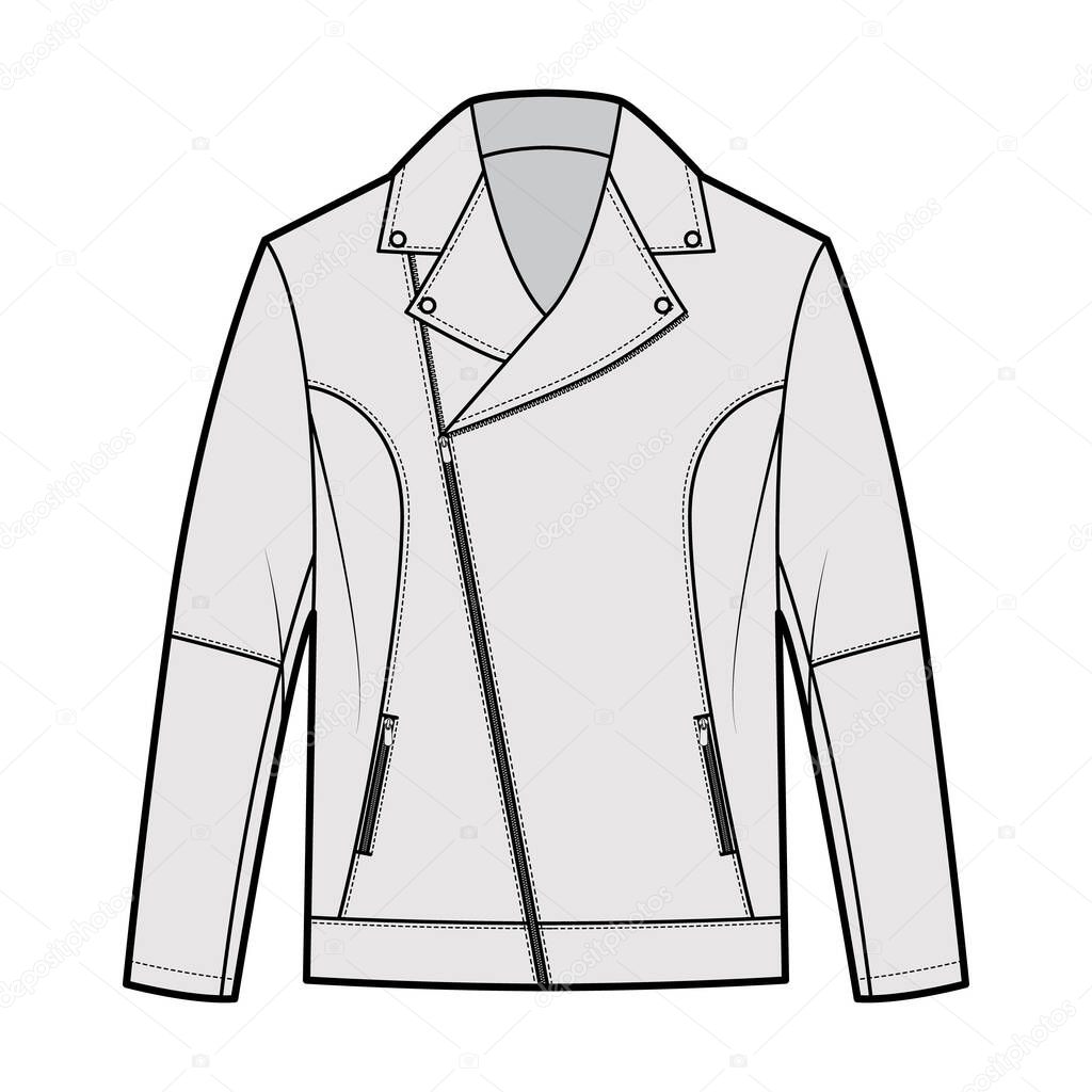 Zip-up biker jacket technical fashion illustration with zip front fold-over lapels collar, welt pockets, moto details