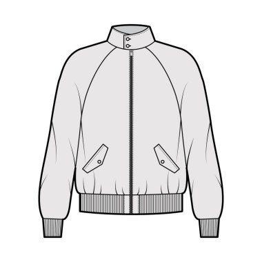 Fermuarlı Harrington Bombacısı ceketi. Kaburga, bel, uzun paçavra kollu, kanat cepli teknik moda çizimi.