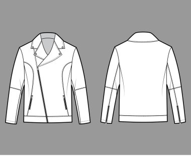 Fermuarlı motorcu ceketi, önü fermuarlı yakalı teknik moda illüstrasyon tasması, kabarık cepler, moto detayları.