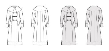 Kazak ceketi, uzun kollu, kürk manşetli, yakalı, midi uzunluklu, çift göğüslü. Düz