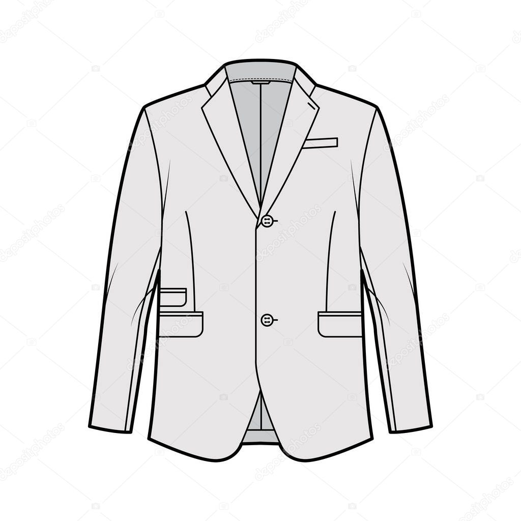 Tailored jacket lounge suit technical fashion illustration with long sleeves, notched lapel collar, flap went pockets