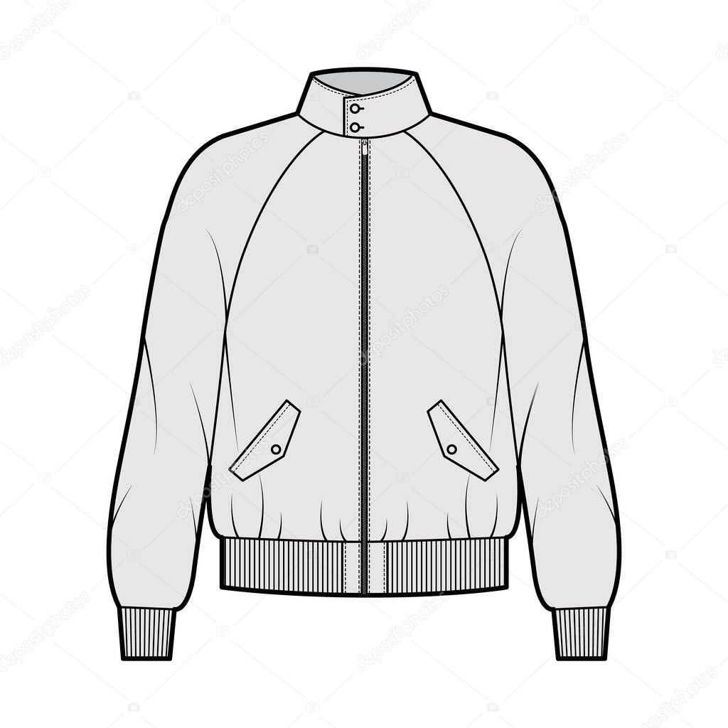 Zip-up Harrington Bomber jacket technical fashion illustration with Rib cuffs, waist, long raglan sleeves, flap pockets