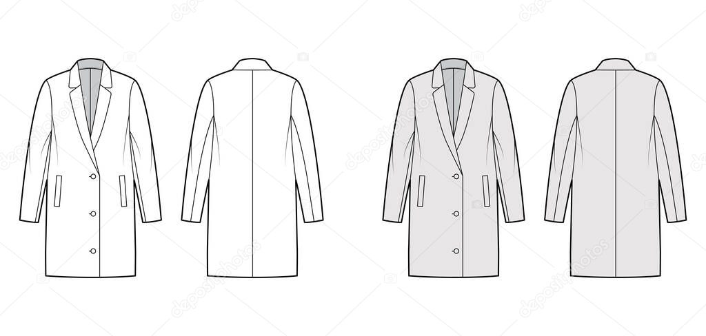 Oversized jacket technical fashion illustration with notched lapel collar, long sleeves, welt pockets, button opening