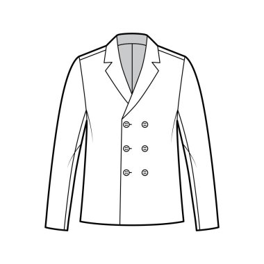 Blazer ceketli, uzun kollu, parmak ucu uzunluğu, çentik yakalı, çift göğüslü moda illüstrasyonu.