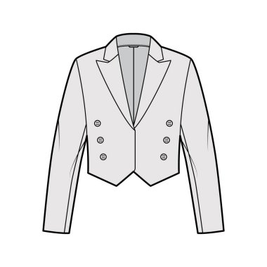 Dağınık et ceketli Spencer teknik moda illüstrasyonu. Çift göğüs kesimi, uzun kollu, bel uzunluğunda.