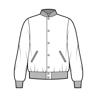 Varsity Bomber jacket technical fashion illustration with Rib baseball collar, cuffs, jetted pockets, buttons fastening clipart