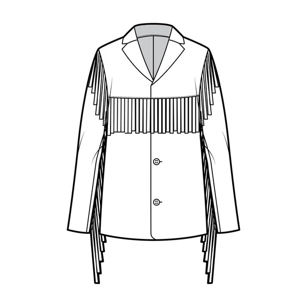 Δυτική σακάκι τεχνική απεικόνιση μόδας με κρόσσια, oversized, μακριά μανίκια, εγκοπές γιακά, κουμπί άνοιγμα. Επίπεδη — Διανυσματικό Αρχείο