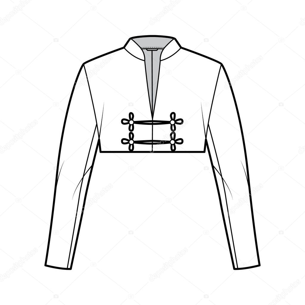 Download Spencer Jacket Technical Fashion Illustration With Crop Length Long Sleeves Stand Collar Button Frog Closure Flat Blazer Template Front White Color Style Women Men Unisex Top Cad Mockup 462357194 Larastock