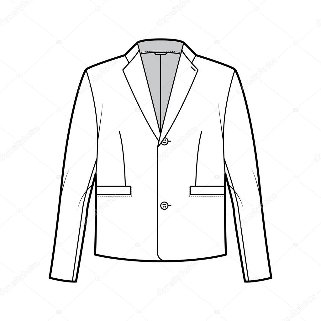 Single breasted jacket suit technical fashion illustration with long sleeves, notched lapel collar, flap welt pockets.