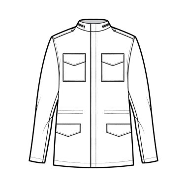 M-65 saha ceketi, büyük boy, yakalı, kapüşonlu, cepli, apoletli teknik tasvirler.