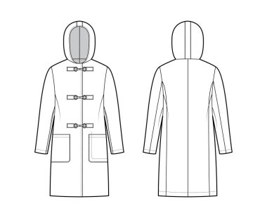 Clasp coat technical fashion illustration with long sleeves, hood, oversized body, patch pockets, knee length. Flat clipart