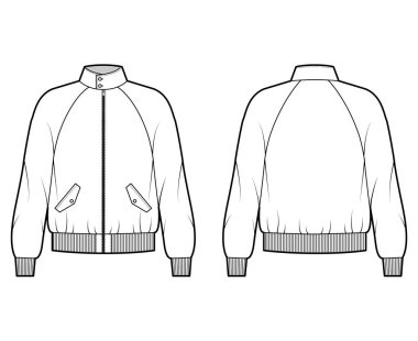 Fermuarlı Harrington Bombacısı ceketi. Kaburga, bel, uzun paçavra kollu, kanat cepli teknik moda çizimi.