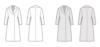 Uzun kollu debriyaj ceketi teknik tasarımı, yarım yonca yaka, büyük beden, düz diz boyu