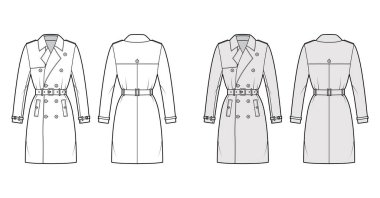 Trençkot, kemerli, çift göğüslü, Napolyon geniş yakalı, diz boyu