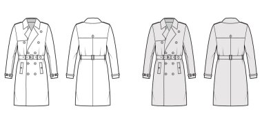 Trençkot, kemerli teknik tasvirler, çift göğüslü, uzun kollu, diz boyu, fırtına yeleği düz ceket.