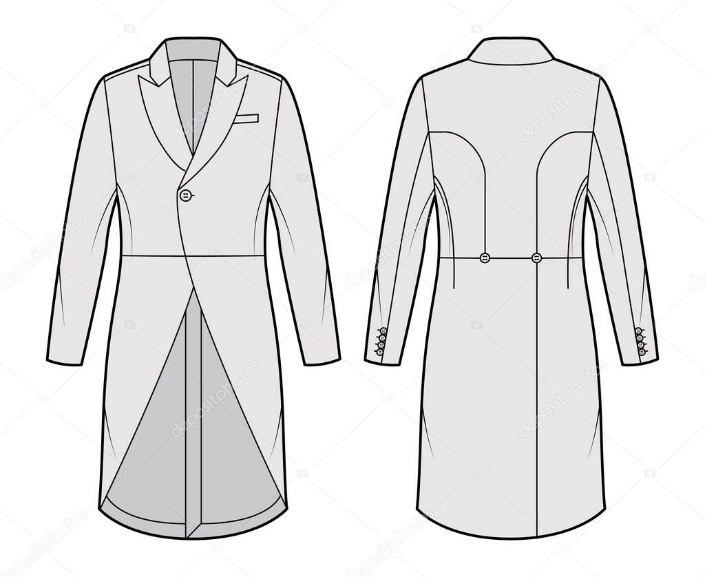 Morning coat jacket technical fashion illustration with long sleeves, peaked lapel collar, cutaway front, welt pocket.