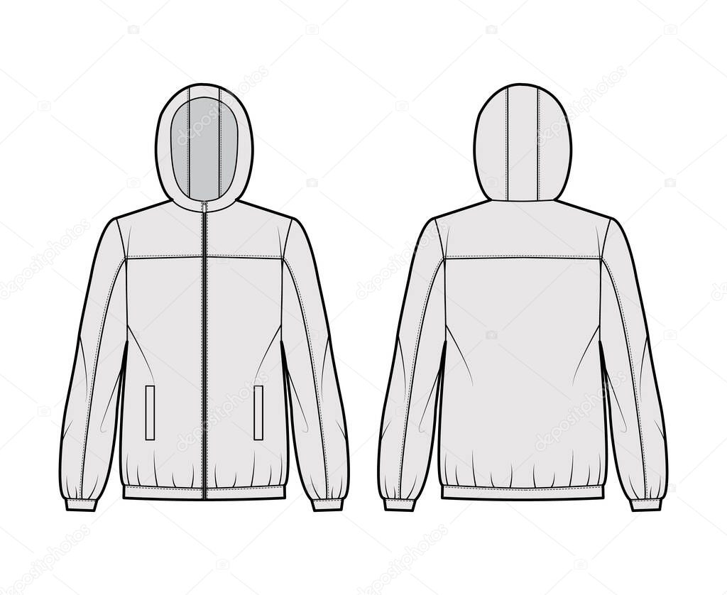 Windbreaker jacket technical fashion illustration with hood, oversized, long sleeves, welt pockets, zip-up opening